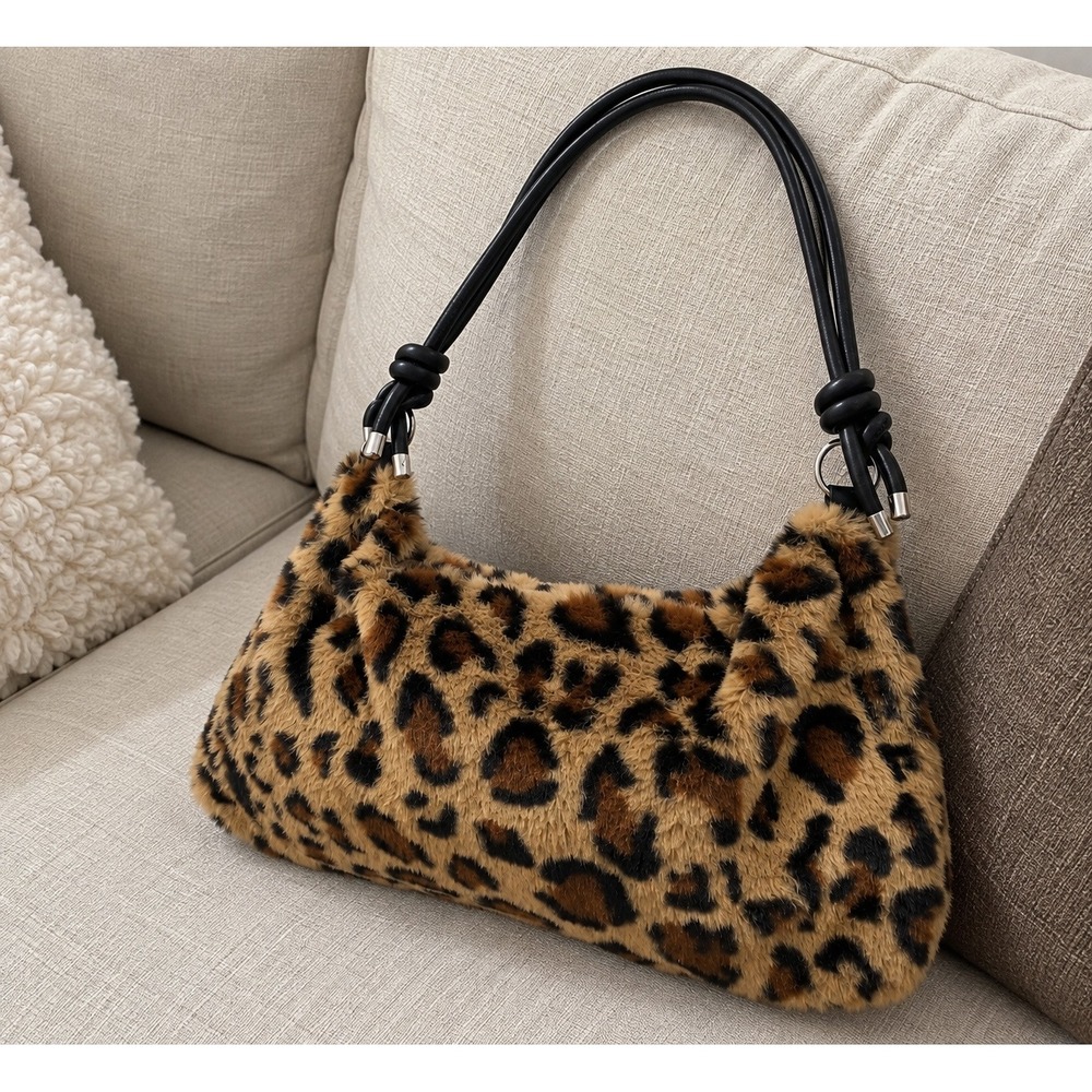 Leopard Print Faux Fur Shoulder Bag Brown Black Animal Print Hobo Handbag